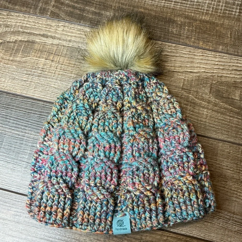 Cable Knit Crochet Beanie Hat Handcrafted With Faux Fur Pom Handmade Red Blue
